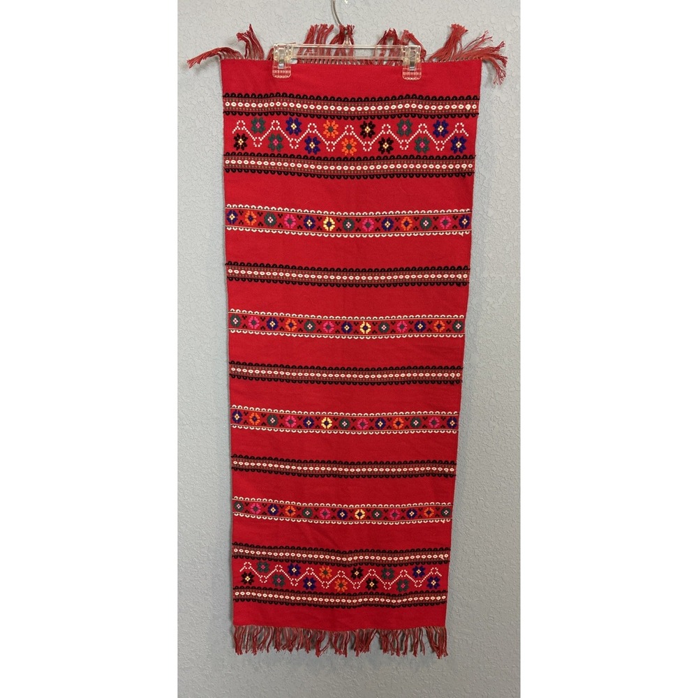 Mid Century Table Runner Red Wool Folk Embroidered Geometric MCM Holiday Vintage